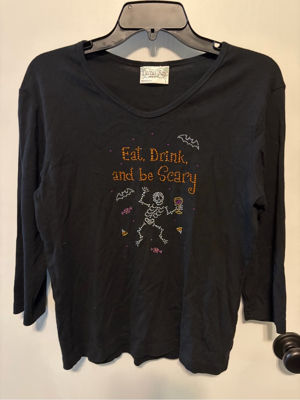 Cactus Bay brand Black Long-Sleeve Halloween Rhinestone Top